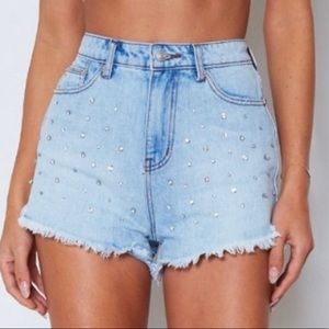 High Waist Denim Shorts / Rhinestone Embellished